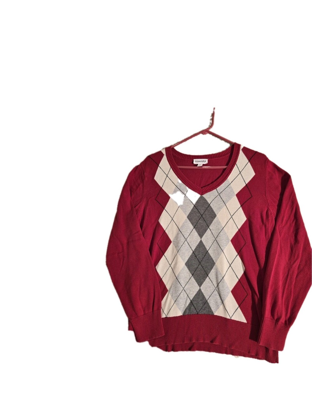 St John Bay 100% Cotton Argyle Long Sleeve Sweater Women's XL Red Preppy Cottage
